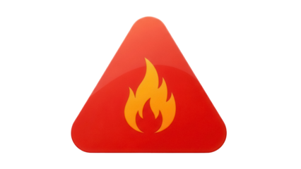Red triangle with fire PNG isolated on transparent background, warning sign for danger and caution, hot flame symbol
