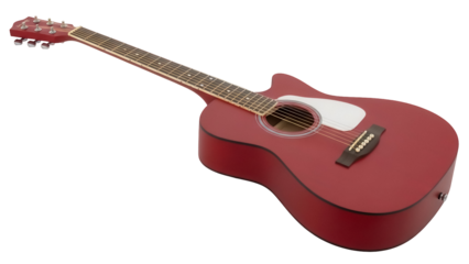 Red acoustic guitar isolated PNG, musical instrument for music lovers and musicians on transparent background