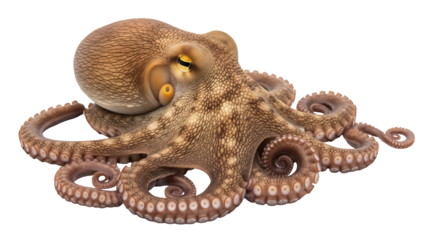 Common octopus PNG isolated on transparent background, cephalopod with eight arms and brown skin, marine animal for biology and wildlife projects