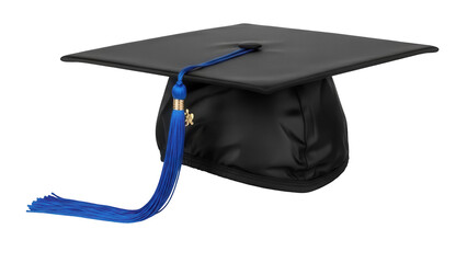Black graduation cap with blue tassel isolated PNG, academic mortarboard for graduation ceremony and educational achievement on transparent background