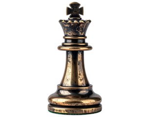 A regal, close-up photograph features an aged bronze chess piece, the King, on a solid black backdrop