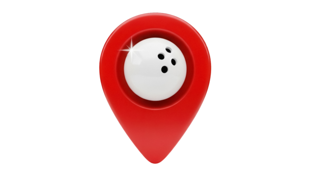 Red location pin with bowling ball isolated PNG, map pointer for bowling alley or sports venue on transparent background - Powered by Adobe