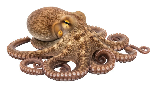 Common octopus PNG isolated on transparent background, cephalopod with eight arms and brown skin, marine animal for biology and wildlife projects