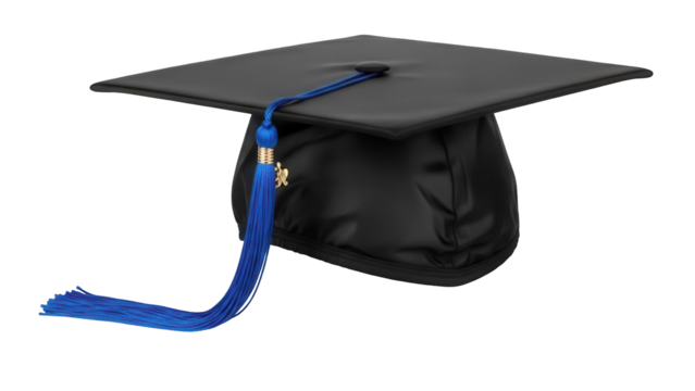 Black graduation cap with blue tassel isolated PNG, academic mortarboard for graduation ceremony and educational achievement on transparent background - Powered by Adobe