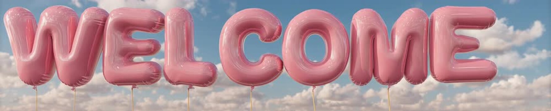 3D animation of pink glossy inflated balloon letters spelling Welcome against blue sky with clouds. Floating helium typography for party celebration or greeting. Horizontal video background.