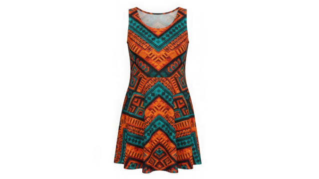 Sleeveless orange and teal patterned dress isolated on transparent background - Powered by Adobe