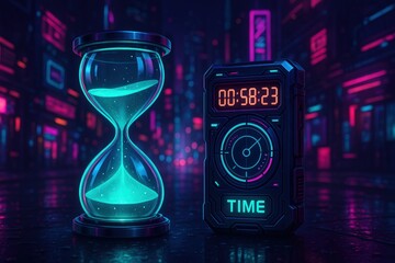Futuristic Cyberpunk Timekeeping with Neon Hourglass and Digital Timer