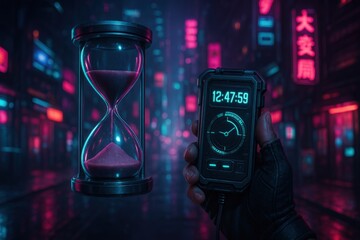 Cyberpunk Timekeeping: Futuristic Hourglass and Digital Clock in Neon Cityscape