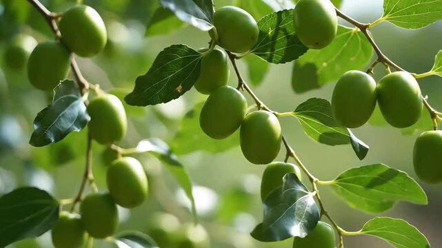 Lush Green Jujube Fruits Hanging from Branches on a Sunny Day.