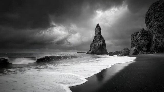 Rock formation stands tall by the sea under a cloudy sky during late afternoon near the shoreline