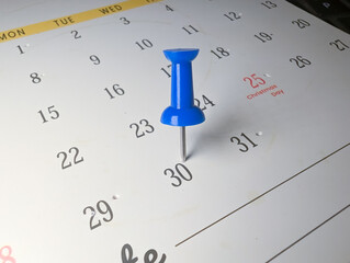 30th december marked with push pin on calendar