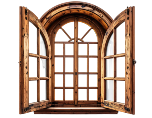 Ornate, arched wooden window with open shutters. Inside reveals light and a dark backdrop