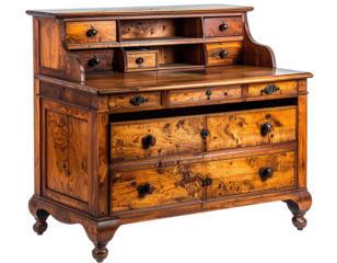 Antique wooden secretary desk with multiple drawers, cubbies, and an upper cabinet
