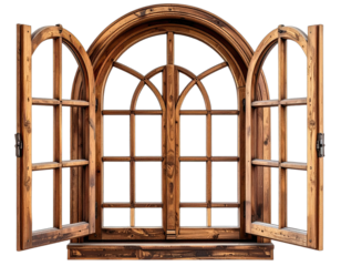 Open wooden arched window with intricate design, showcasing the elegance of carpentry