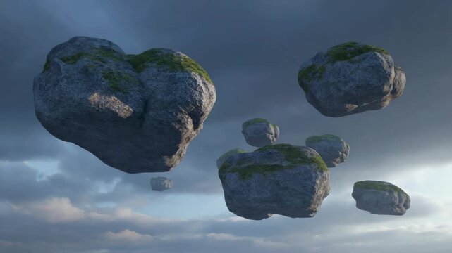 Floating rocks suspended mid-air under storm clouds, cinematic surrealism and soft rim light 
