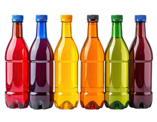 Six plastic bottles of colorful beverages, each with a different colored lid