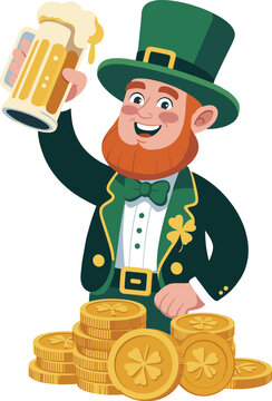 Cheerful leprechaun with beer and gold isolated on white background, Vector, illustration