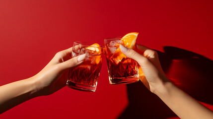 Two hands toasting with vibrant cocktails on a bold red backdrop, perfect for celebrations and festive occasions. Cheers to unforgettable moments!