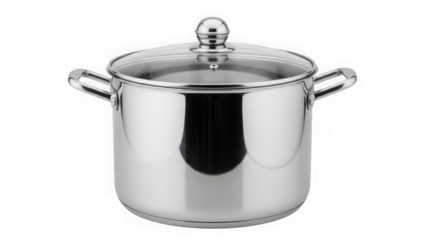 Stainless steel pot with lid on transparent background isolated