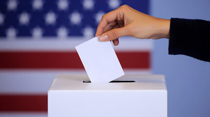 A person casts their vote in a white ballot box, symbolizing civic participation and democratic values, set against the backdrop of a blurred national flag.