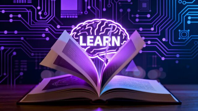 Open book rests on a table with a glowing brain graphic labeled LEARN above it. Circuitry patterns and neon lighting create a futuristic education concept. The scene suggests digital learning, knowled