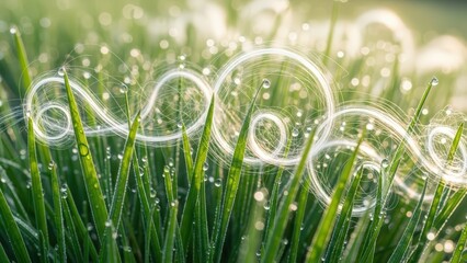 Dew drops sparkle on vibrant green grass with magical light swirls, evoking nature's gentle energy.