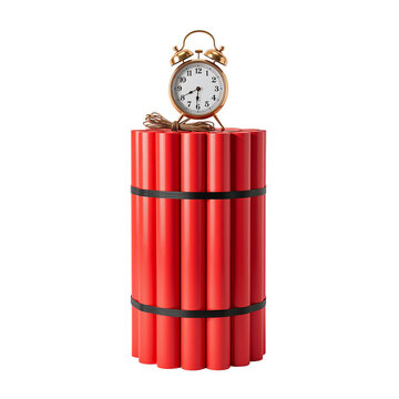 Dynamite Bundle with Alarm Clock, Time Bomb Concept, Red Sticks, White Background