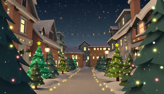 Snowy village at night