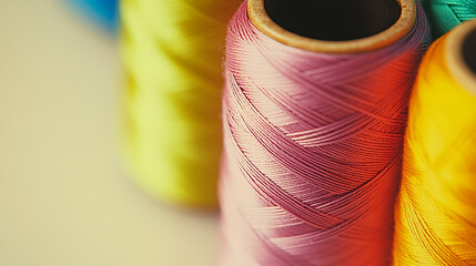 Close-up of vibrant spools of thread in a rainbow of colors, textures and patterns on display for sewing, crafting, and creative projects!