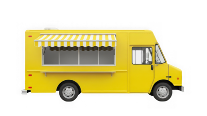 Bright yellow food truck with striped awning isolated on transparent background