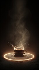 Vibrant photo of Hot beverage splashing in a cup on a glowing ring with steam in a dark, warm setting