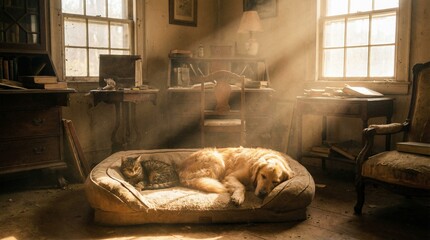 Golden Retriever Dog and Tabby Cat Sleeping Together in a Sunlit Vintage Room with Dust Motes