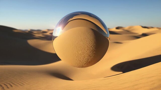 Metallic Liquid Sphere Hovering Over Desert Sand with Soft Lighting 4K