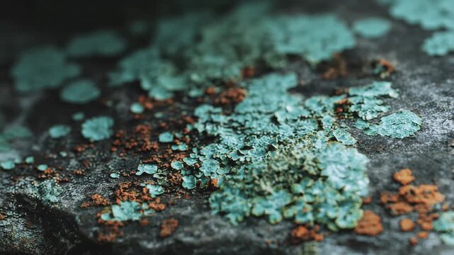 Moss and lichen grow on a rock surface under natural light in a forest setting during daytime hours