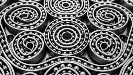 Abstract macro shot of ball bearings arranged in concentric spiral patterns