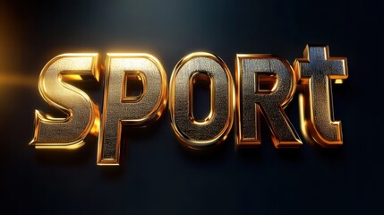 Golden 3d text 'sport' illuminated against a dark backdrop, luxury and achievement