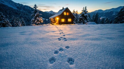 Animal paw prints in deep fresh snow leading toward a cozy lit wooden cabin in the mountains at dusk