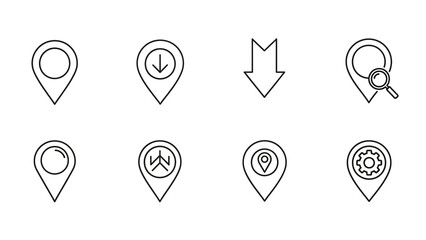 Set of map pin icons in minimalist line art style with simple shapes and white background for web design