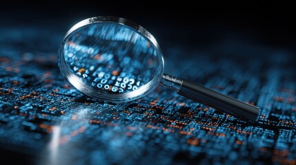 Vibrant photo of Magnifying Glass Inspecting Digital Code and Data on a Circuit Board