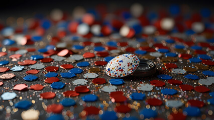 Colorful confetti and a decorative badge are scattered on a dark textured surface festive and patriotic. Celebration concept 