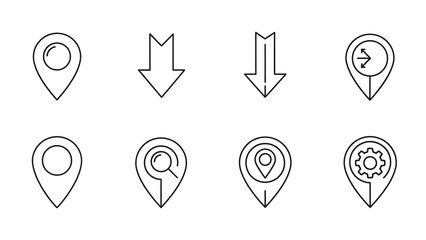 Set of minimalist map pin icons with various symbols in simple line art style for web design and navigation
