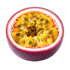A vibrant, halved passion fruit showcasing its intensely yellow, seed-filled pulp against a solid black background.