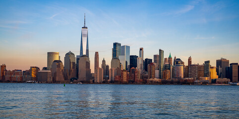 Lower Manhattan from New Jersey just before sunset in late December cold day
