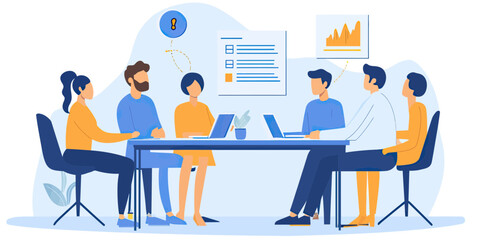 Obraz premium Business team collaboration meeting in modern office with diverse professionals discussing data charts and laptops in flat vector style illustration