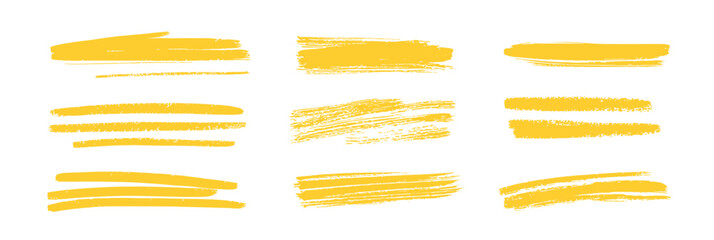 Set of twelve yellow brush stroke highlights isolated on white background with dry rough edges and smooth flat paint lines artistic design elements vector illustration