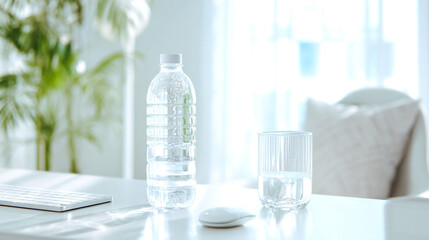 Plastic water bottle and glass on white desk in bright modern interior with soft natural light and green plant in background