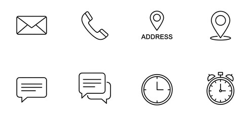 Set of simple line icons for communication and time management in minimalistic design with thin lines and white background for web and mobile applications