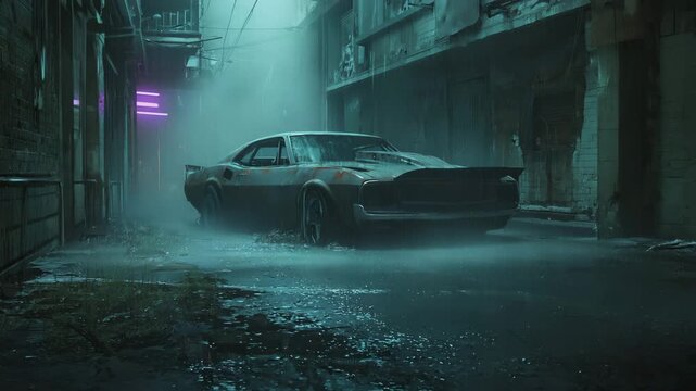 Rain Pouring Over Abandoned Car in Dark Alley with Moody Reflections and Urban Decay 4K