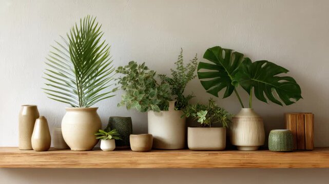 Plants in pots placed on a wooden shelf in a simple indoor setting during daylight hours