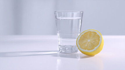 Glass of water with half a fresh lemon on white surface in minimalistic setting with soft lighting, copy space